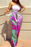 Green Sexy Print Patchwork Strapless Plus Size Jumpsuits