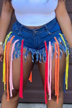 Blue Casual Solid Tassel Mid Waist Skinny Denim Shorts