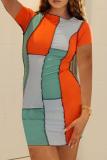 Tangerine Red Sexy Color Block Patchwork O Neck Pencil Skirt Dresses