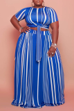Blue Casual Striped Patchwork O Neck Cake Skirt Plus Size Two Pieces
