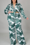 Green Casual Print Patchwork Turndown Collar Plus Size Two Pieces
