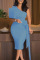 Sky Blue Elegant Solid Patchwork With Bow Oblique Collar Pencil Skirt Dresses