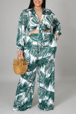 Green Casual Print Patchwork Turndown Collar Plus Size Two Pieces