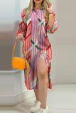 Multi-color Casual Print Patchwork Pocket Buttons Turndown Collar Straight Dresses