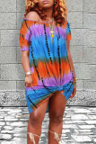 Yellow Brown Casual Print Tie Dye Patchwork O Neck Straight Dresses