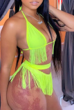 Fluorescent Green Sexy Solid Tassel Hollowed Out Swimwears
