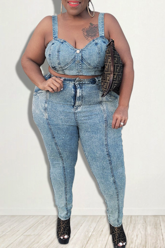 Baby Blue Sexy Solid Patchwork Square Collar Plus Size Two Pieces