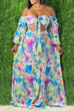 Blue Pink Sweet Print Patchwork Off the Shoulder Straight Plus Size Two Pieces