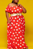 Red Sweet Print Polka Dot Patchwork Off the Shoulder A Line Plus Size Dresses