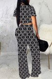 Black Sexy Print Bandage Patchwork V Neck Short Sleeve Two Pieces