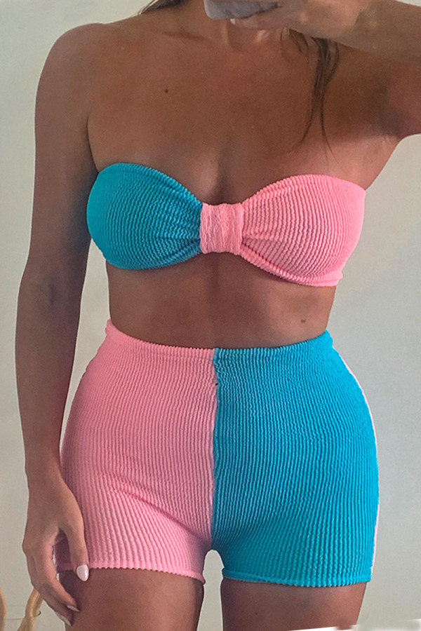 Blue Pink Sexy Solid Split Joint Knotted Contrast Strapless Sleeveless Two Pieces