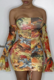 Gold Sexy Print Split Joint Off the Shoulder Pencil Skirt Dresses