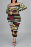 Green Sexy Striped Patchwork Square Collar Pencil Skirt Plus Size Dresses