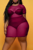 Burgundy Sexy Solid Patchwork See-through O Neck Straight Plus Size Dresses