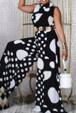 Black Casual Print Polka Dot Patchwork O Neck Straight Jumpsuits