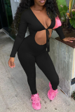 Black Sexy Solid Hollowed Out V Neck Skinny Jumpsuits