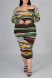 Green Sexy Striped Patchwork Square Collar Pencil Skirt Plus Size Dresses