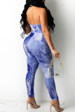 Royal Blue Sexy Print Hollowed Out Patchwork Frenulum Halter Skinny Jumpsuits
