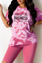 Pink Casual Patchwork Tie-dye Letter O Neck Short Sleeve Two Pieces