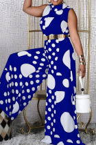 Blue Casual Print Polka Dot Split Joint O Neck Straight Jumpsuits