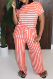 Pink Casual Striped Patchwork O Neck Plus Size Two Pieces