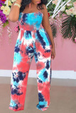 Red Casual Print Patchwork Spaghetti Strap Straight Jumpsuits
