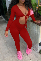 Red Sexy Solid Hollowed Out V Neck Skinny Jumpsuits