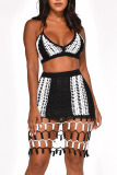 Black Sexy Striped Print Tassel Hollowed Out Split Joint Frenulum Halter Sleeveless Two Pieces