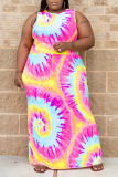 Pink Casual Patchwork Tie-dye O Neck Straight Plus Size Dresses