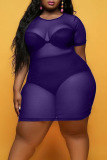 Purple Sexy Solid Patchwork See-through O Neck Straight Plus Size Dresses