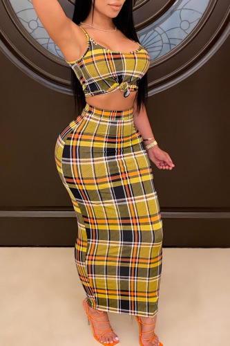 Yellow Sexy Plaid Print Patchwork Spaghetti Strap Sleeveless Two Pieces