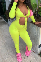 Fluorescent Green Sexy Solid Hollowed Out V Neck Skinny Jumpsuits