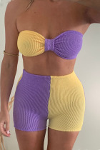 Yellow Purple Sexy Solid Split Joint Knotted  Contrast Strapless Sleeveless Two Pieces