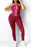 Burgundy Sexy Solid Hollowed Out Patchwork Frenulum Halter Skinny Jumpsuits