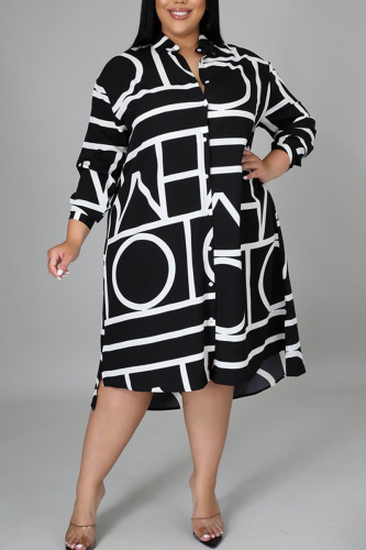 Black Casual Print Patchwork Turndown Collar Shirt Dress Plus Size Dresses