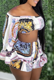 White Sexy Print Patchwork Off the Shoulder Long Sleeve Two Pieces