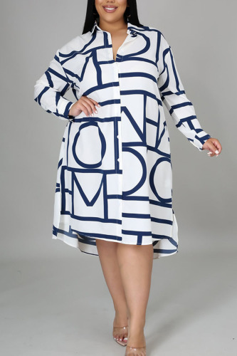 White Casual Print Patchwork Turndown Collar Shirt Dress Plus Size Dresses