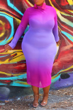 Purple Sexy Gradual Change Patchwork Half A Turtleneck Pencil Skirt Plus Size Dresses