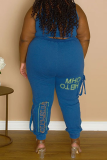 Blue Casual Print Split Joint O Neck Plus Size Two Pieces