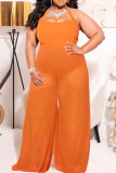 Tangerine Red Sexy Solid Bandage Patchwork Halter Plus Size Jumpsuits