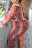Snake Print Sexy Casual Print Bandage Hollowed Out Off the Shoulder Plus Size Jumpsuits