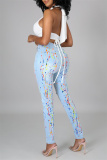 Baby Blue Fashion Casual Print Ripped High Waist Regular Jeans