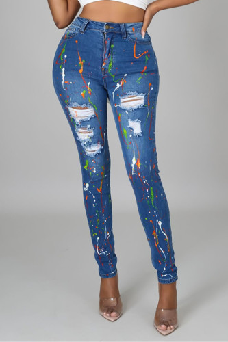 Dark Blue Fashion Casual Print Ripped High Waist Regular Jeans