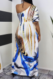 Blue Sexy Print Patchwork One Shoulder Straight Dresses