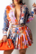 Orange Casual Print Patchwork Turndown Collar Long Sleeve Two Pieces
