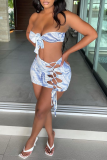Baby Blue Sexy Print Hollowed Out Split Joint Swimwears