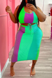 Green Sexy Casual Print Bandage U Neck Plus Size Two Pieces