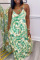 Green Sexy Print Split Joint Spaghetti Strap Sling Dress Dresses