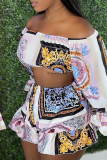 White Sexy Print Patchwork Off the Shoulder Long Sleeve Two Pieces