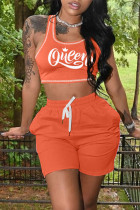 Orange Casual Sportswear Letter Print Vests U Neck Sleeveless Two Pieces(with pocket)